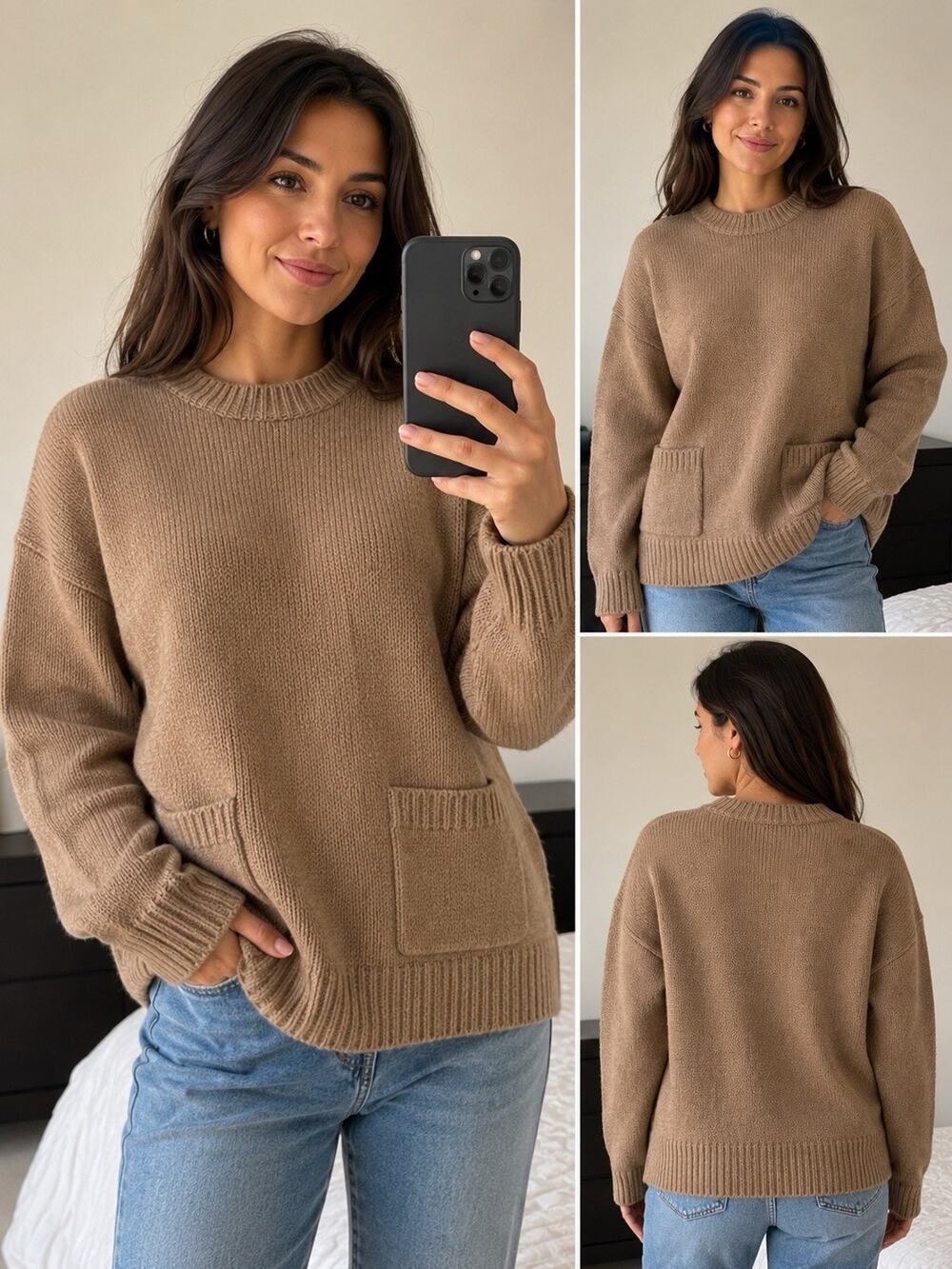 ZARA CAMEL WOOL BLEND OVERSIZED KNIT SWEATER PATCH POCKETS WOMENS XL